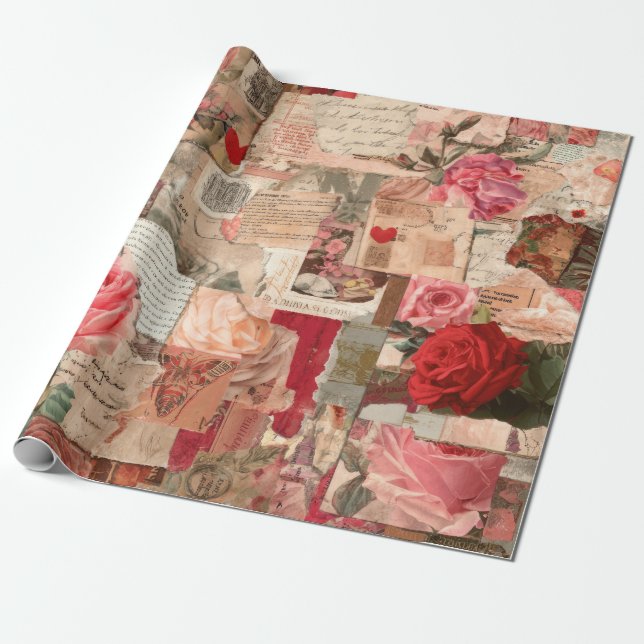 Vintage Romantic Rose Collage (7) Wrapping Paper (Unrolled)