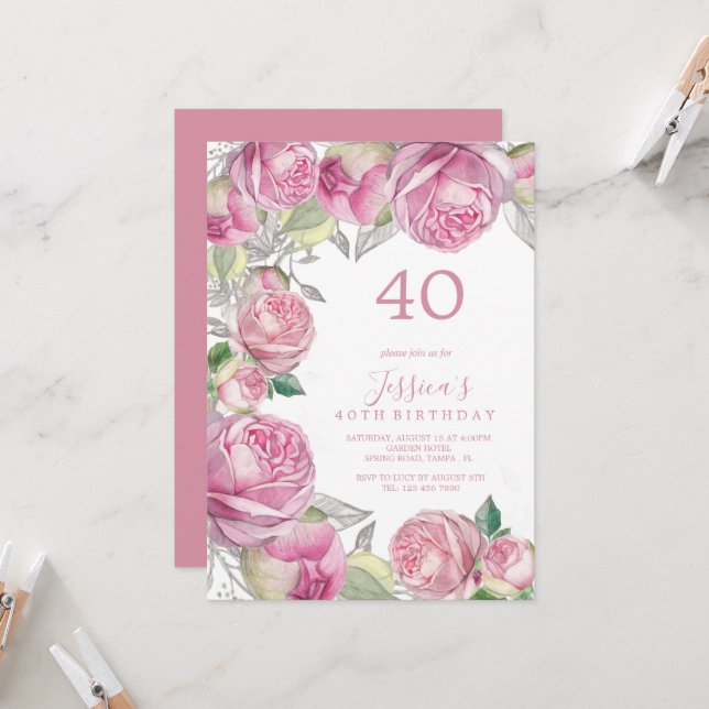 Vintage Romantic Roses Birthday Invitation (Front/Back In Situ)