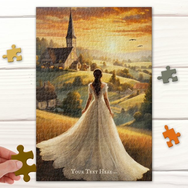 Vintage Romantic Sunset Landscape Art Puzzle (Puzzle featuring a romantic fine art painting of a lady in a long dress looking at the sunset )