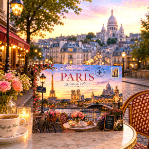 Vintage Romantic Sunset Paris Skyline Seine River Holiday Postcard