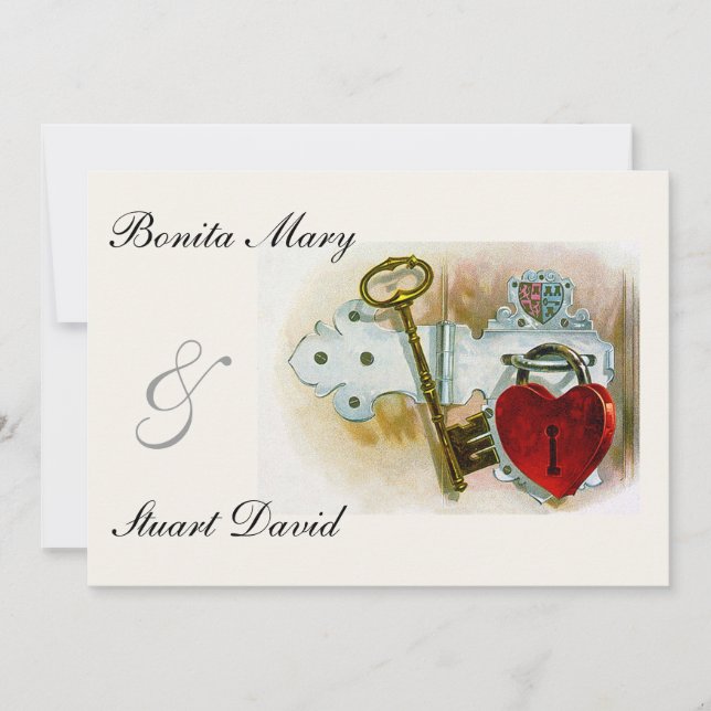 Vintage Romantic Wedding Heart Lock and Key Invitation (Front)