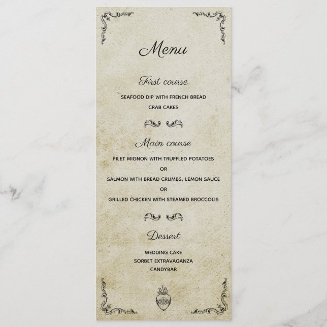 Vintage romantic wedding menu card (Front)