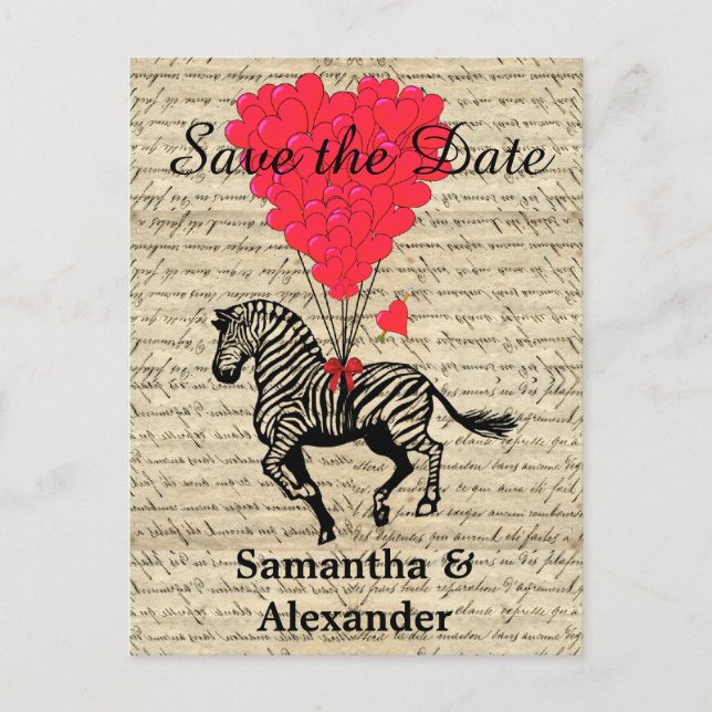 Vintage romantic zebra save the date announcement postcard (Front)
