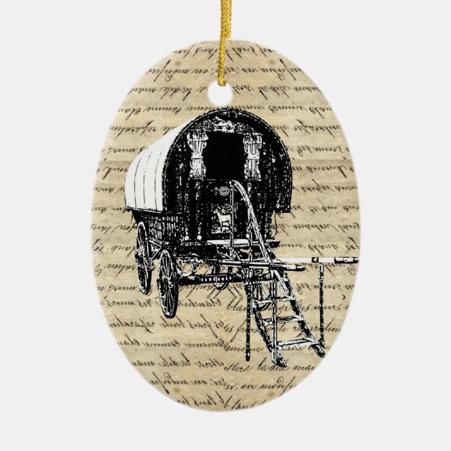 Vintage Romany Gypsy wagon Ceramic Tree Decoration (Front)