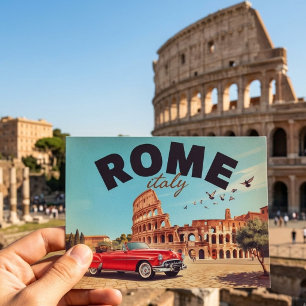 Vintage Rome Colosseum Red Convertible Travel Postcard