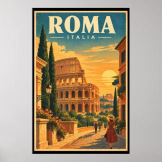 Vintage Rome Italy Travel Art Colosseum Sunset Poster