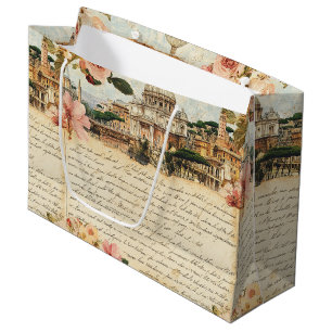 Vintage Rome Letters Floral Art Large Gift Bag