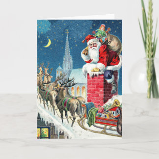 Vintage Rooftop Santa & Sleigh Christmas Holiday Card