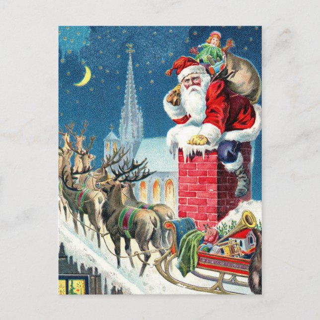 Vintage Rooftop Santa & Sleigh Christmas Holiday Postcard (Front)