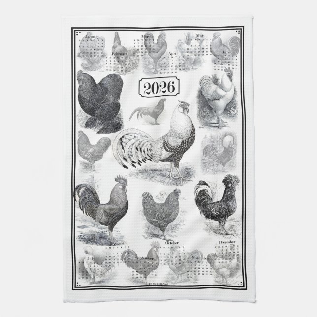 Vintage Rooster 2026 Calendar Tea Towel (Vertical)