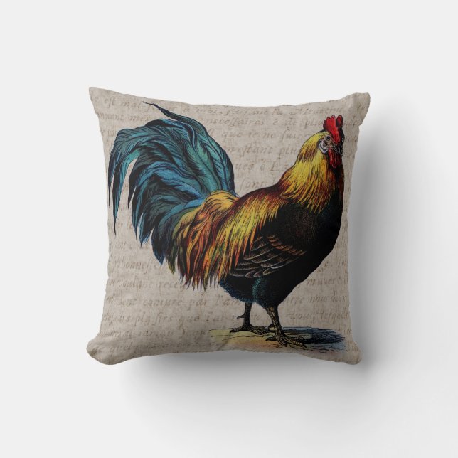 Vintage Rooster and Antique Text Collage - Custom Cushion (Front)
