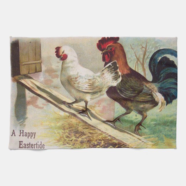 Vintage Rooster And Chicken Easter Tea Towel (Horizontal)
