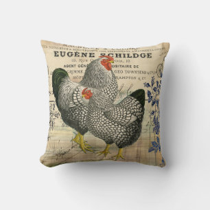Vintage Rooster and Chicken Ephemera Cushion