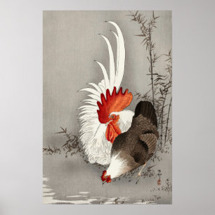 Vintage Rooster and Chicken Japanese Art Poster