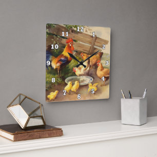 Vintage rooster and chickens Country wall decor Square Wall Clock