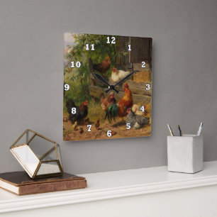 Vintage rooster and chickens Country wall decor Square Wall Clock