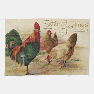 Vintage Rooster And Chickens Easter Tea Towel