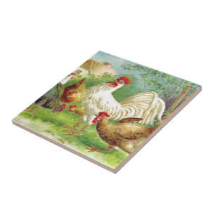 Vintage Rooster and Chickens Tile