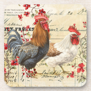 Vintage Rooster and Hen Ephemera Coaster