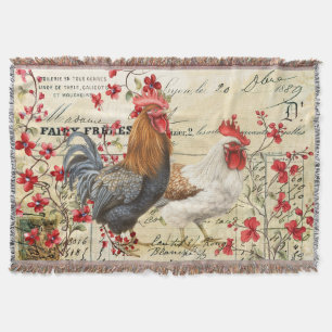 Vintage Rooster and Hen Ephemera Decoupage Throw Blanket