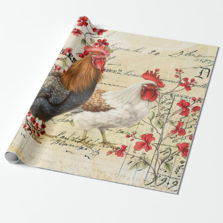 Vintage Rooster and Hen Ephemera Decoupage Wrapping Paper