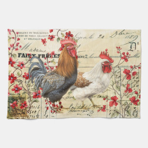 Vintage Rooster and Hen Ephemera Tea Towel