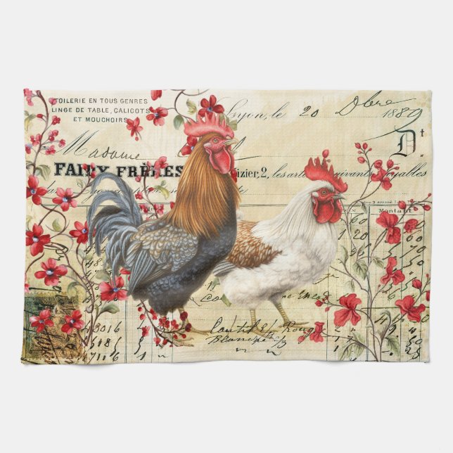 Vintage Rooster and Hen Ephemera Tea Towel (Horizontal)