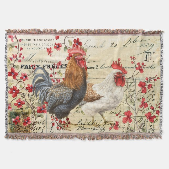 Vintage Rooster and Hen Ephemera Throw Blanket (Front)