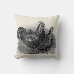 Vintage rooster and hen faux linen farmhouse cushion
