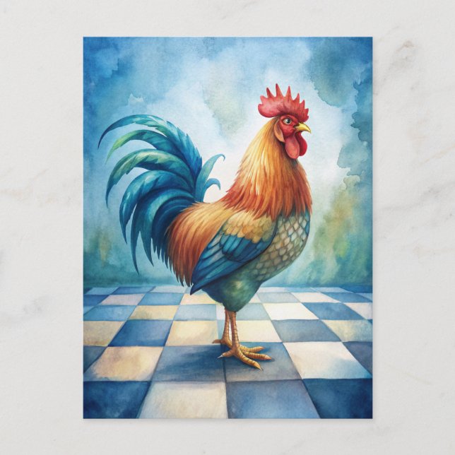 Vintage Rooster Blue White Chequered  Postcard (Front)