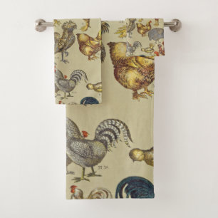 Vintage Rooster Chicken Pattern: Farmhouse Art Bath Towel Set