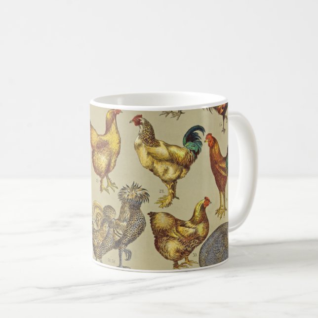 Vintage Rooster Chicken Pattern: Farmhouse Art Coffee Mug (Front Right)