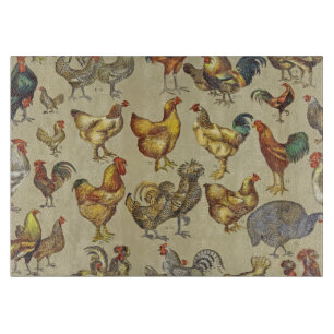 Vintage Rooster Chicken Pattern: Farmhouse Art Cutting Board