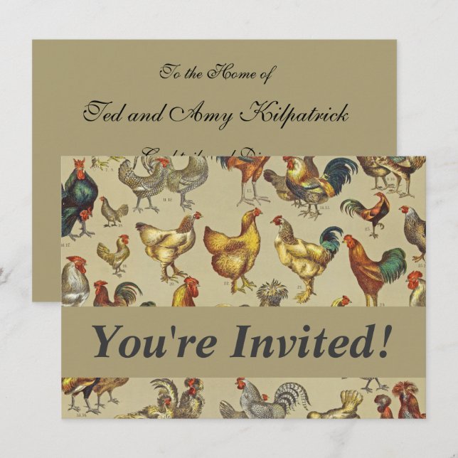 Vintage Rooster Chicken Pattern: Farmhouse Art Invitation (Front/Back)