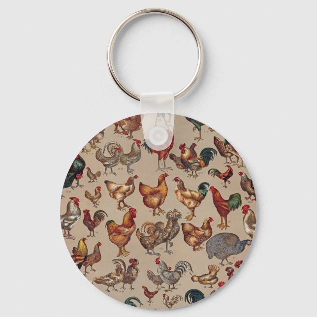 Vintage Rooster Chicken Pattern: Farmhouse Art Key Ring (Front)