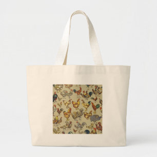 Vintage Rooster Chicken Pattern: Farmhouse Art Large Tote Bag