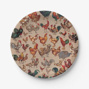 Vintage Rooster Chicken Pattern: Farmhouse Art Paper Plate