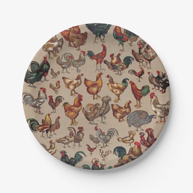 Vintage Rooster Chicken Pattern: Farmhouse Art Paper Plate (Front)
