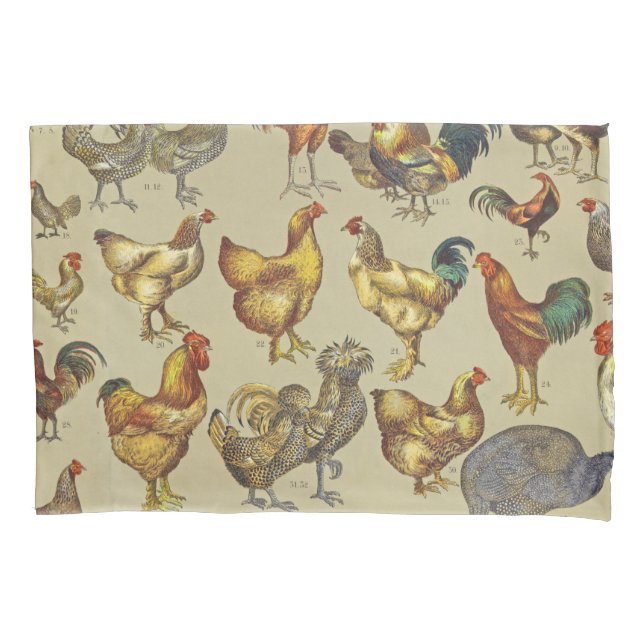 Vintage Rooster Chicken Pattern: Farmhouse Art Pillowcase (Front)