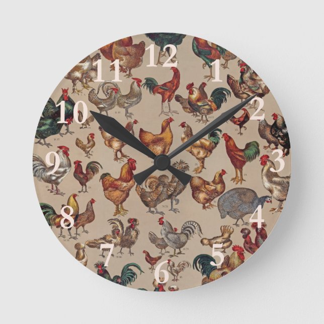 Vintage Rooster Chicken Pattern: Farmhouse Art Round Clock (Front)