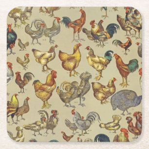 Vintage Rooster Chicken Pattern: Farmhouse Art Square Paper Coaster