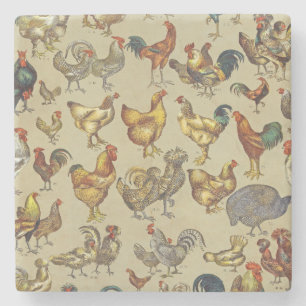 Vintage Rooster Chicken Pattern: Farmhouse Art Stone Coaster