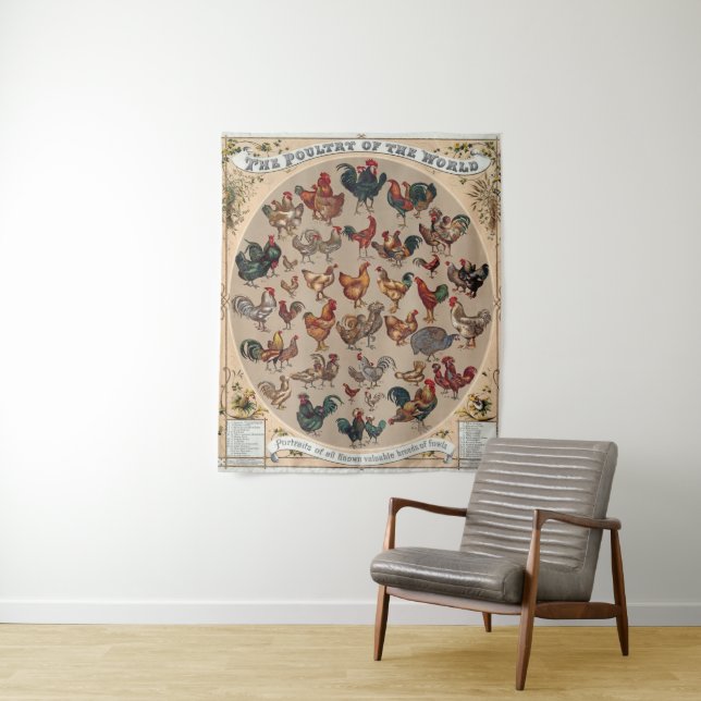 Vintage Rooster Chicken Pattern: Farmhouse Art Tapestry (In Situ)