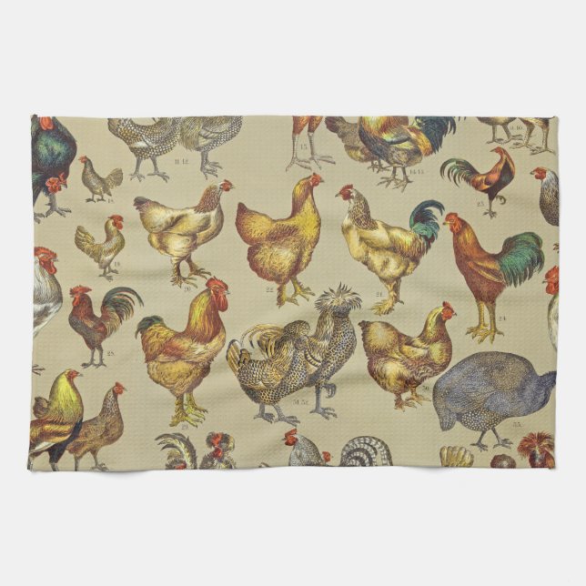 Vintage Rooster Chicken Pattern: Farmhouse Art Tea Towel (Horizontal)