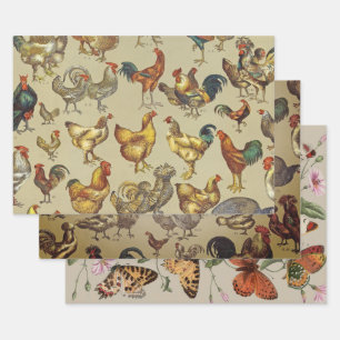 Vintage Rooster Chicken Pattern: Farmhouse Art Wrapping Paper Sheet