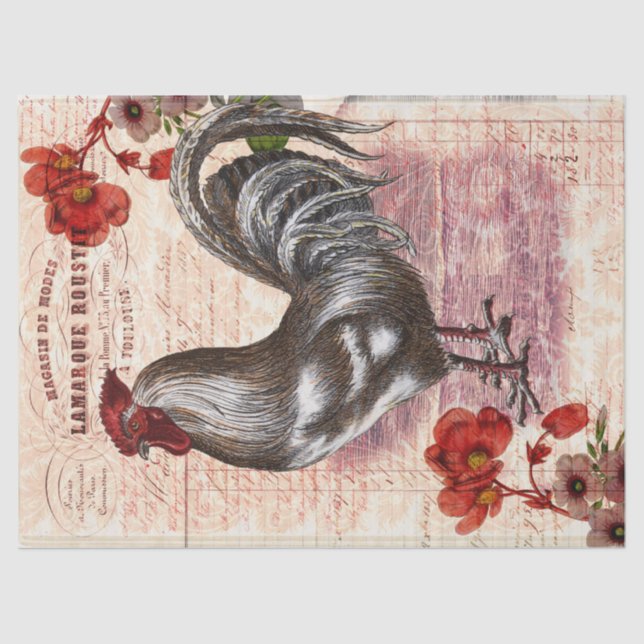 Vintage Rooster Floral Ephemera Decoupage Tissue Paper (Front)