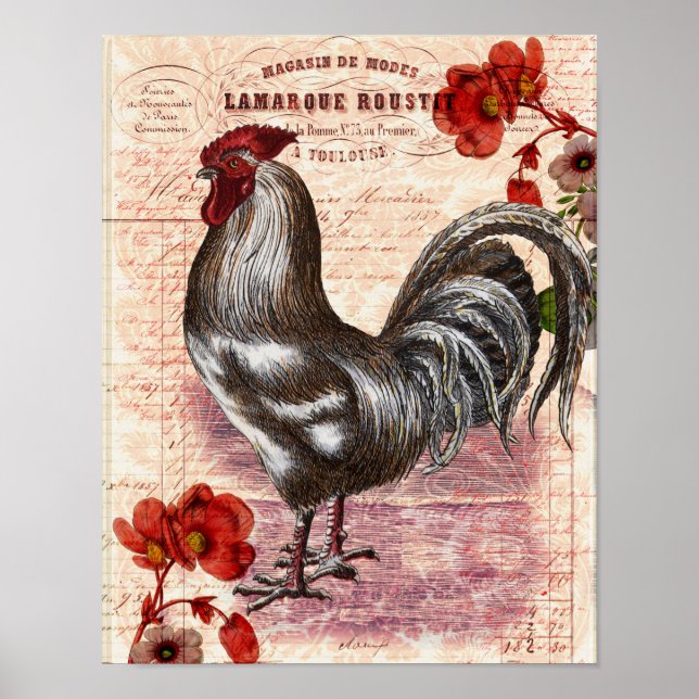 Vintage Rooster Floral Ephemera Poster (Front)