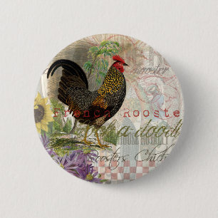 Vintage Rooster French Collage Art 6 Cm Round Badge