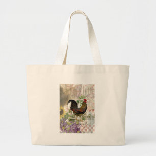 Vintage Rooster French Collage Art Large Tote Bag