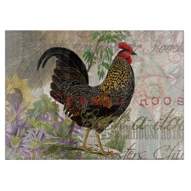 Vintage Rooster French Collage Farm Pet Cutting Board (Front)